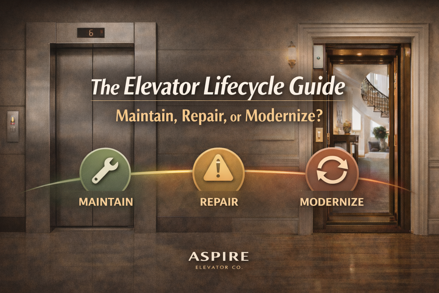 Elevator lifecycle graphic illustrating maintenance, repair, and modernization stages for commercial and residential elevators.