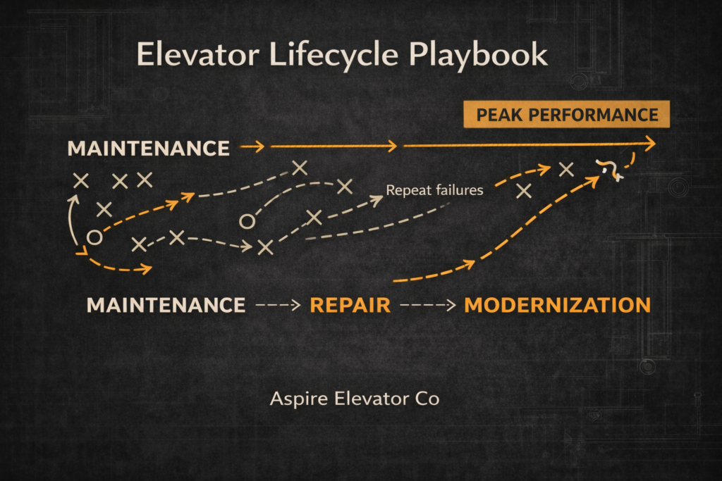 Elevator lifecycle playbook graphic illustrating maintenance, repair, and modernization decision stages for commercial and residential elevator systems.