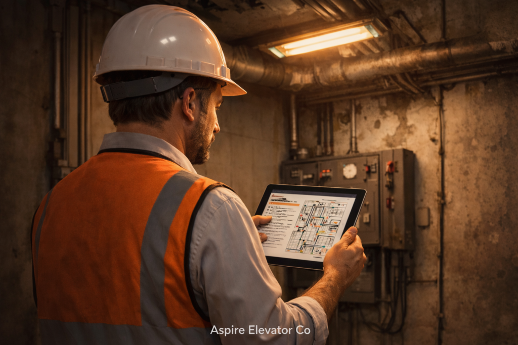 Elevator technician in safety vest reviewing a digital inspection checklist on a tablet inside a mechanical room.