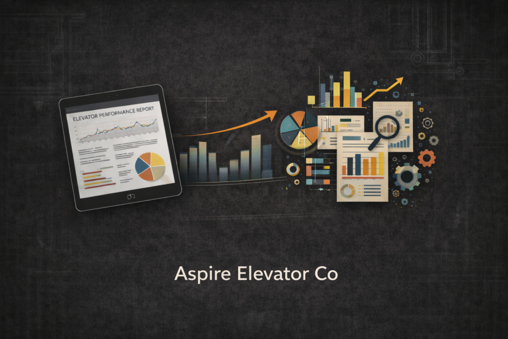 Data-driven elevator analytics graphic showing performance charts and reports with Aspire Elevator Co branding.