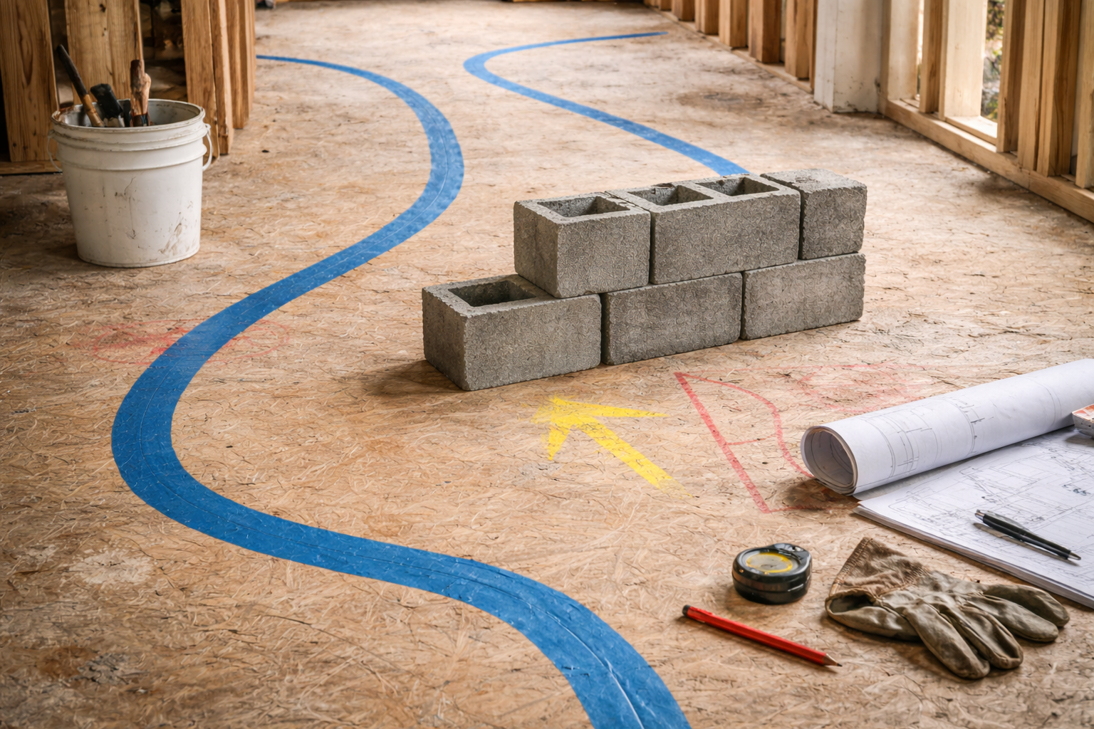 Residential construction site showing plywood subfloor with layout markings, blue tape pathway, construction tools, and stacked cinder blocks interrupting the flow.