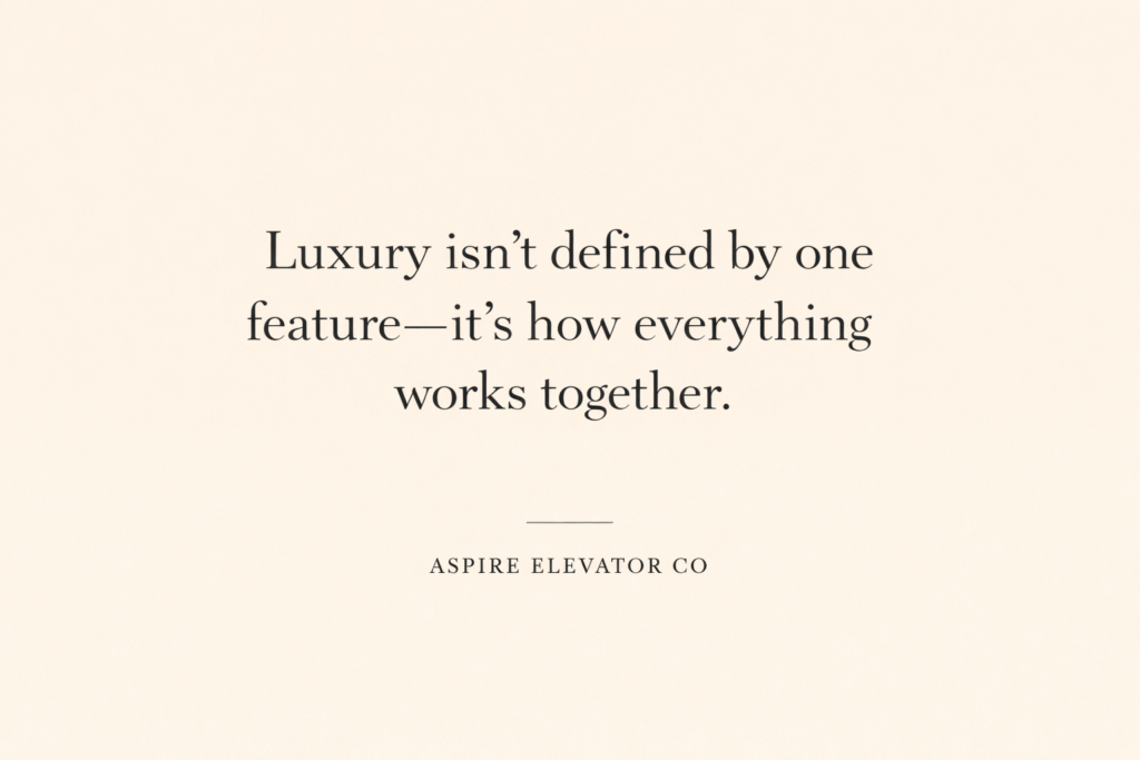 Luxury home design quote graphic on a neutral beige background emphasizing that true luxury comes from cohesive design, with Aspire Elevator Co. branding.