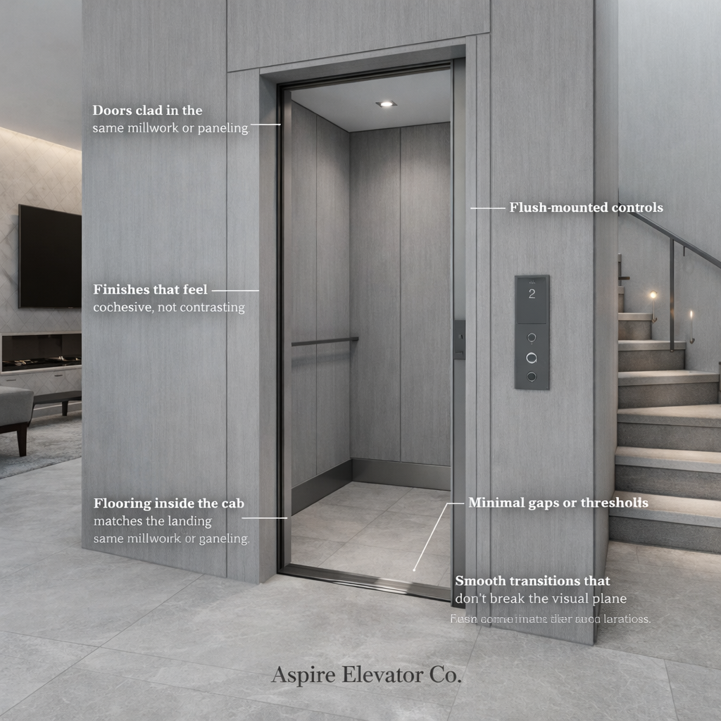 Luxury home elevator with seamless wall integration, flush-mounted controls, and continuous flooring, designed to blend with surrounding materials.