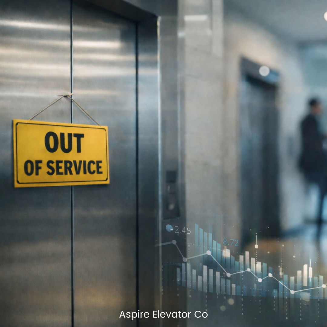 Commercial elevator with an “Out of Service” sign in a modern office building, illustrating the operational impact of elevator downtime.