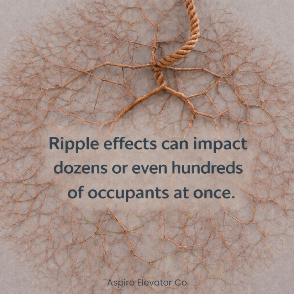 Branching rope structure spreading outward like a network, illustrating how elevator downtime can create ripple effects that impact dozens or hundreds of building occupants.