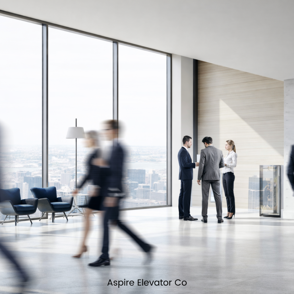 Professionals walking through a modern office lobby with a city skyline in the background, illustrating the scale of tenants and operations affected by elevator downtime.