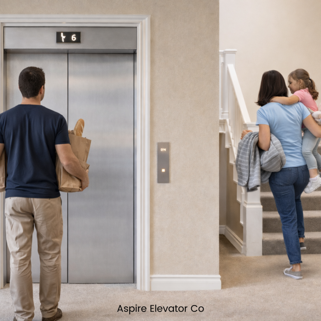 Family in a residential building navigating elevator delays, with one person waiting at the elevator holding groceries while another carries a child up the stairs.