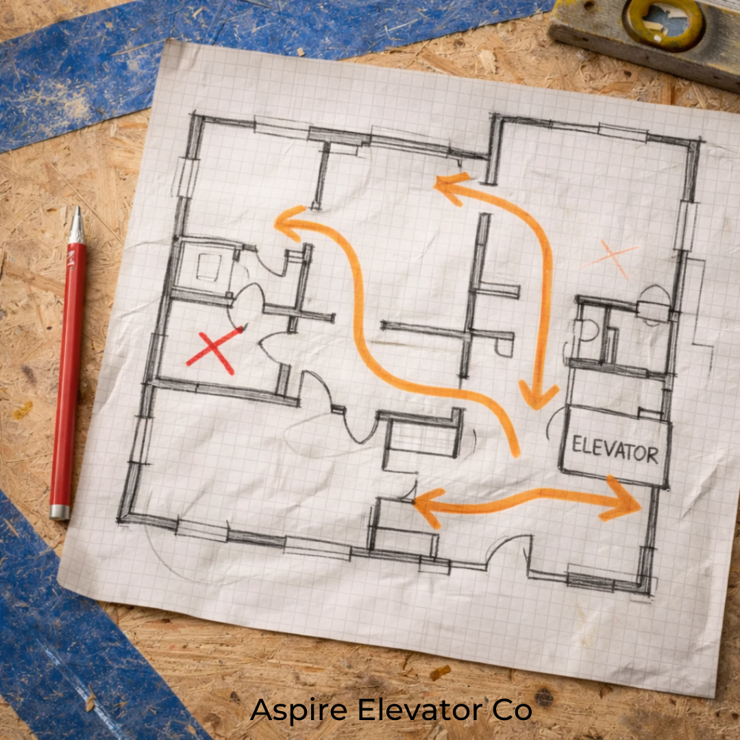 Residential floor plan sketch on a construction site showing elevator placement, circulation paths, and layout planning for a multi-level home.