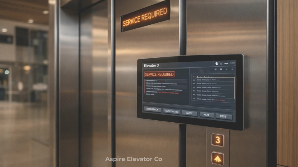 Elevator control panel displaying a “service required” message inside a building elevator.
