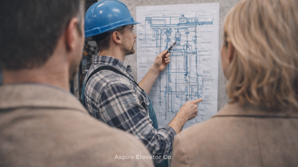 Elevator technician explaining a system diagram to two clients, viewed from behind as they look on.